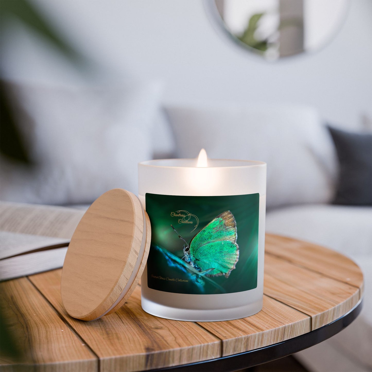 Butterfly Premium Wood Wick Frosted Glass Candle, 11oz